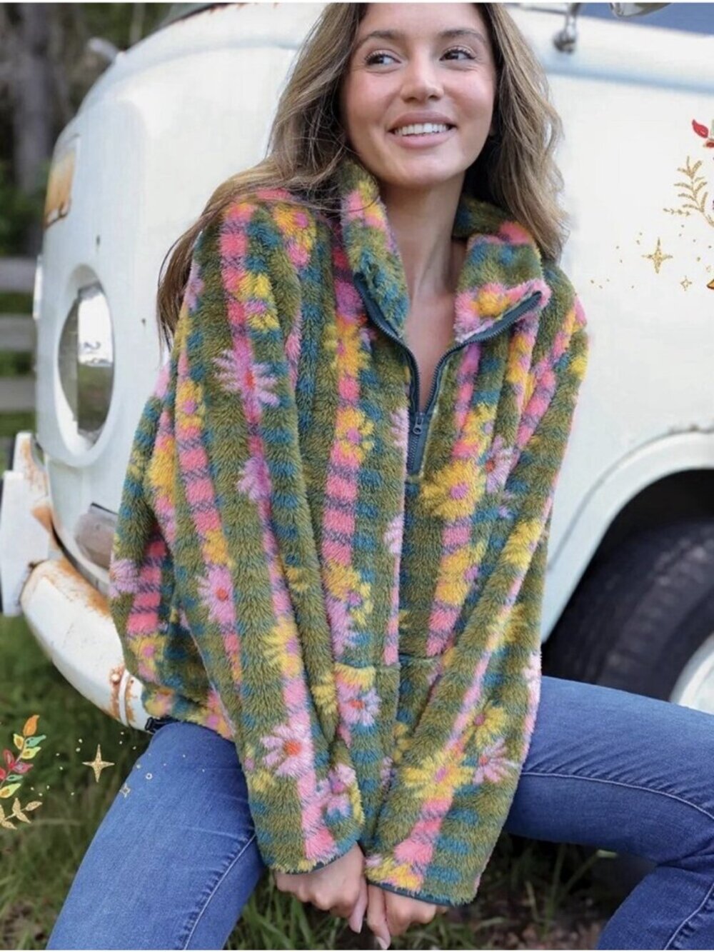 Natural Life Womens Coziest Sweatshirt Sz Large XL Green Floral Fleece 1/4 Zip - Picture 3 of 7